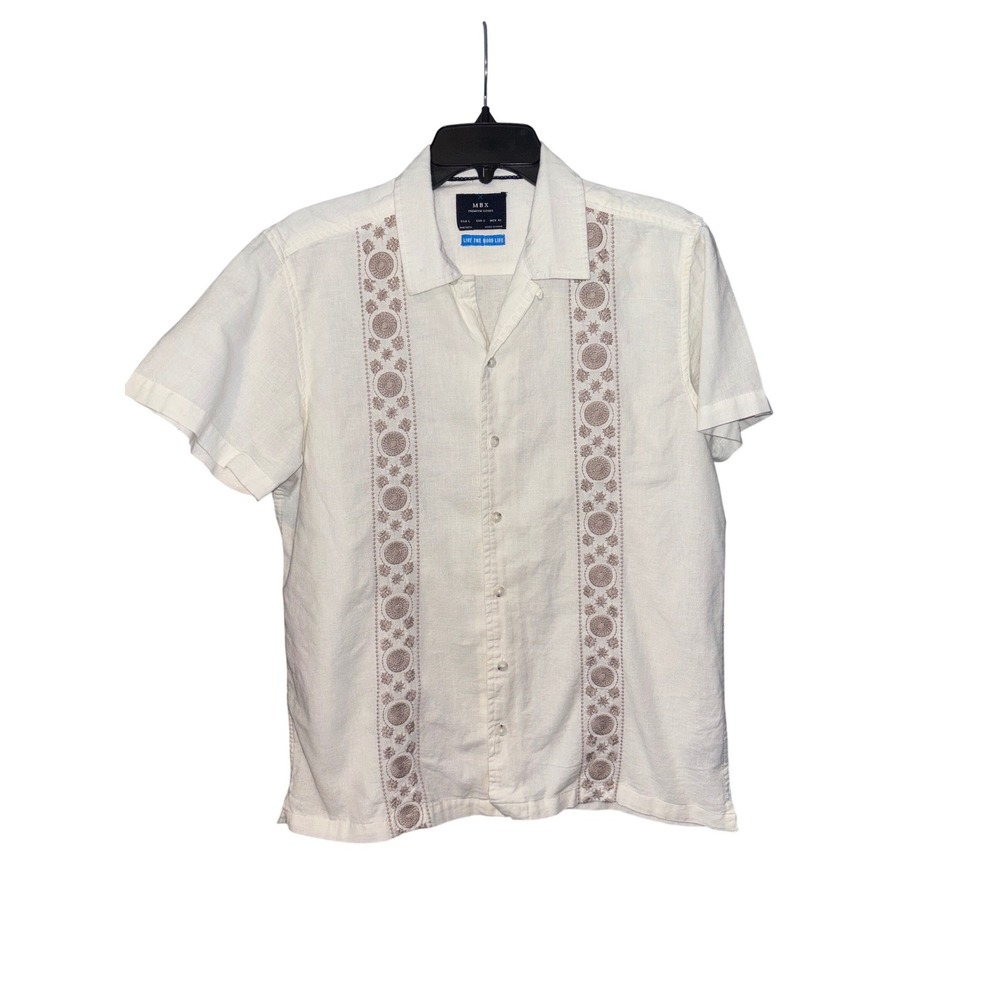 MBX Premium Goods Mens Large Off White Embroidered Cotton Linen Camp Shirt L